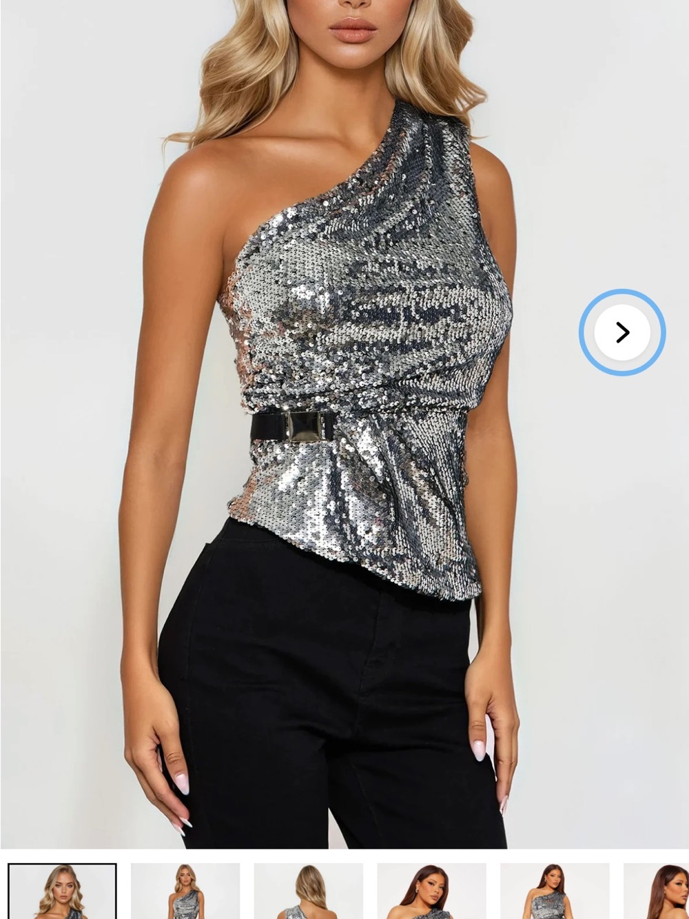 Fashion Nova Silver One-Shoulder Sequin Blouse